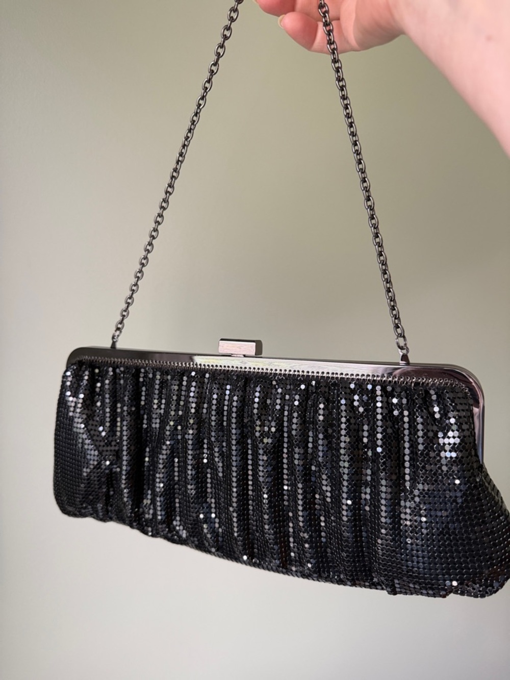 Whiting & Davis Black Mesh Evening Bag Silver Chain Strap Vintage Clutch EUC